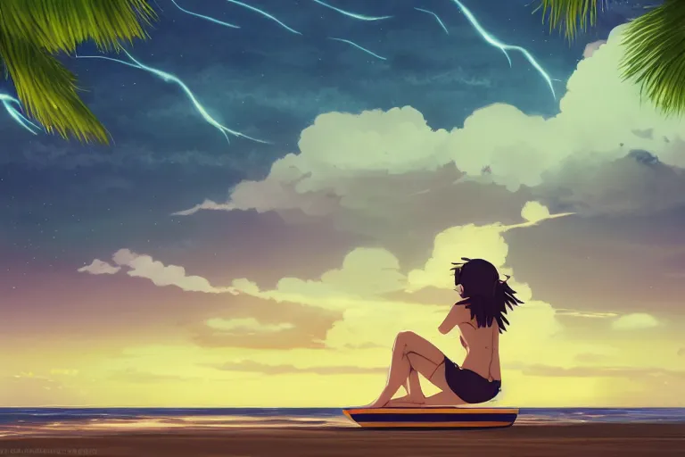 Image similar to anime woman sitting on surf board, tropical island, night time, storm in distance, wide angle, by studio ghibli, yuumei, anime, hazy, foggy, ambient lighting, cottagecore,