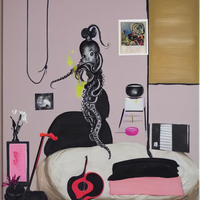 Prompt: a portrait in a female artist's zen bedroom, black walls, a tall girl sleeping, pancakes, sheet music, electric guitar, surgical supplies, ikebana, sensual, octopus, neo - expressionism, surrealism, acrylic and spray paint and oilstick on canvas