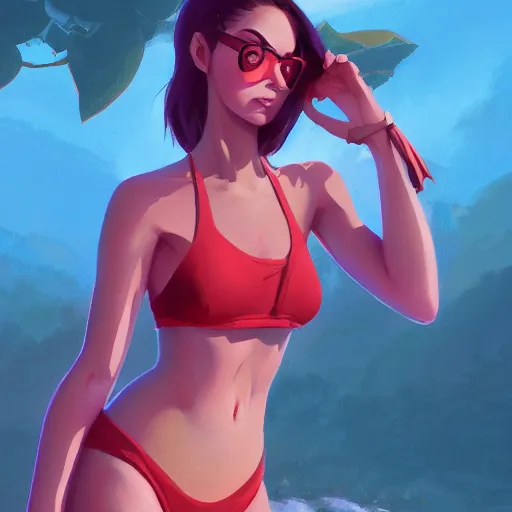 Image similar to portrait of besutiful woman in bathing suit, maya ali mage, gloomhaven, dynamic lighting, gaudy colors, octane render aesthetic, matte painting concept art, official fanart behance hd artstation by jesper ejsing, by rhads and makoto shinkai and lois van baarle and ilya kuvshinov and rossdraws