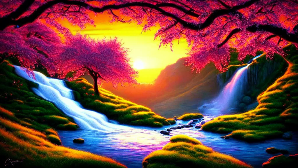 Image similar to featured on artstation cherry tree overlooking valley waterfall sunset beautiful image stylized digital art