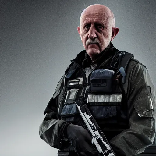 Image similar to Mike Ehrmantraut as a Rainbox six siege operator, 4k, highly detailed