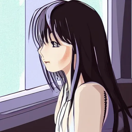 Image similar to girl sitting nearby a windowing, rainy outside, detailed, very anime, very fine face, strong lighting, by artists.