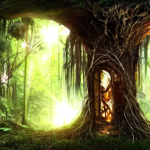 Image similar to horrific, shining portal embedded in a terrifying tree in a densely overgrown jungle, fantasy, dreamlike sunraise, ultra realistic, atmospheric, stopped in time, epic