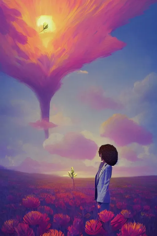 Image similar to portrait, giant flower as head, black woman in suit, surreal photography, golden hour, colorful clouds, impressionist painting, digital painting, artstation, simon stalenhag