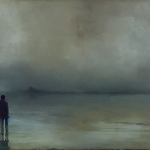 Image similar to lonely boy without his soul staring into a lake, painting by jeremy mann