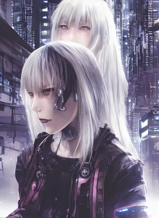 Prompt: manga cover, white-haired girl with bangs, intricate cyberpunk city, emotional lighting, character illustration by tatsuki fujimoto