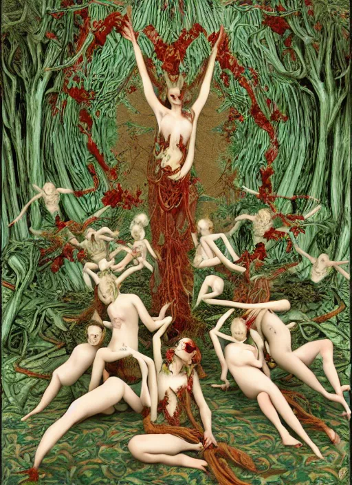 Image similar to photo of a pagan nymphs dancing with imps and demons and goats having a profound lifechanging psychedelic experience in a deep thorns bones bloody forest , by and Austin Osman Spare and Takato Yamamoto and Vania Zouravliov, high resolution, rendered in octane 3d