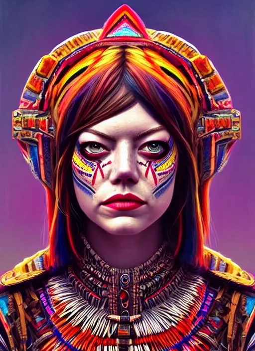 Image similar to portrait of emma stone, hyper detailed ultra sharp aztec shaman warrior. trending on artstation, warpaint aesthetic, bloodwave, colorful, psychedelic, ornate, intricate, digital painting, concept art, smooth, sharp focus, illustration, art by artgerm and greg rutkowski and h. r. giger, 8 k