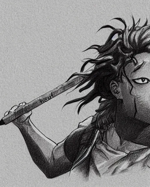 Image similar to a very detailed pencil drawing of kodak black in demon slayer manga panel, action lines, greg rutkowski, in field high resolution, dynamic pose, landscape, medium portrait, action, hyper realistic, manga, koyoharu gotouge, sakuga