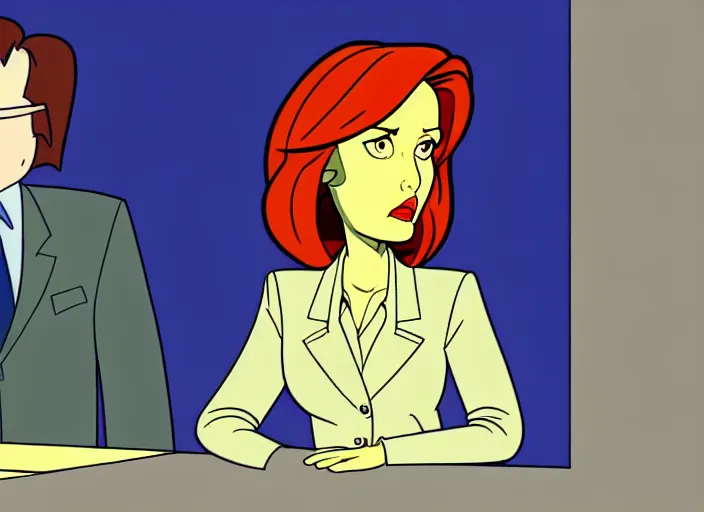 Image similar to dana scully on the x - files : the animated series, shaded animation still, animation model, sharp detail, animation cel, thin linework, in the style of don bluth, bruce timm, alex toth, filmation, toei animation, studio trigger, 5 k, hd
