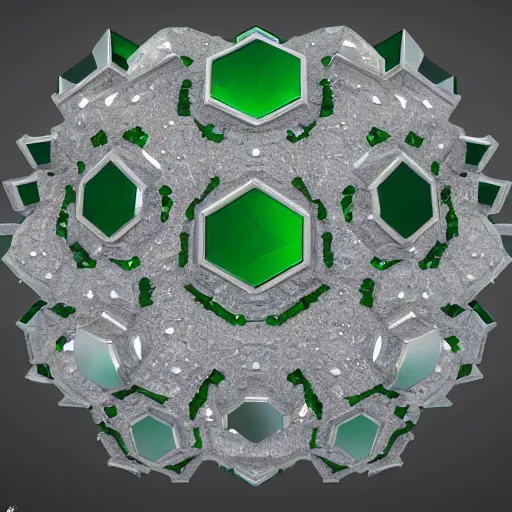 Prompt: abstract fractal shapes of emerald jewels and diamond and silver on mirror ground, beautiful abstract sculpture with realistic render, high definition, octane, unreal 5, 3 d reflections