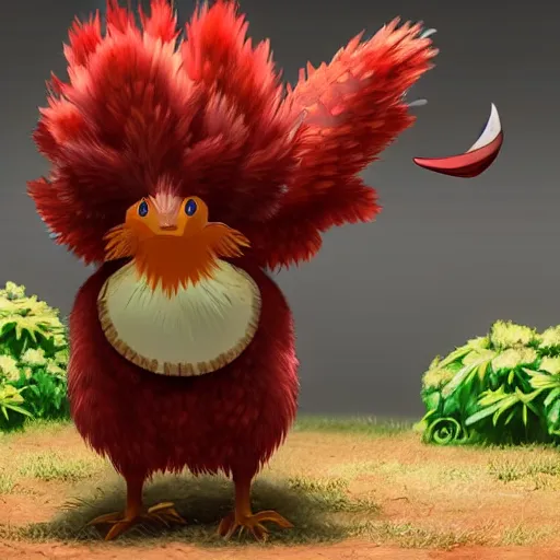 Image similar to A pokemon that looks like a rooster, The coconut shell wrapped around him,The rooster hides inside and sticks his head out to peek，Trending on art station. Unreal engine.