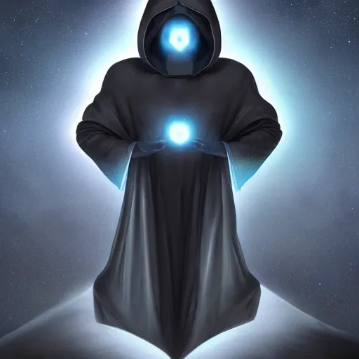 Image similar to award - winning. trending on artstation. 4 k. a faceless astral figure wearing a hooded cape made of the night sky with 1 dark blue glowing eye on its face and rows of teeth on its chest. full - body.