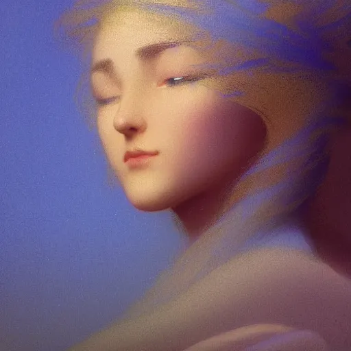 Image similar to a young woman's face, her hair is gold and she wears an cobalt blue satin cloak, by ivan aivazovsky and syd mead and moebius and gaston bussiere and roger dean and pieter claesz and paul delaroche and alma tadema and aelbert cuyp and willem claesz, hyperrealistic, volumetric light, octane render