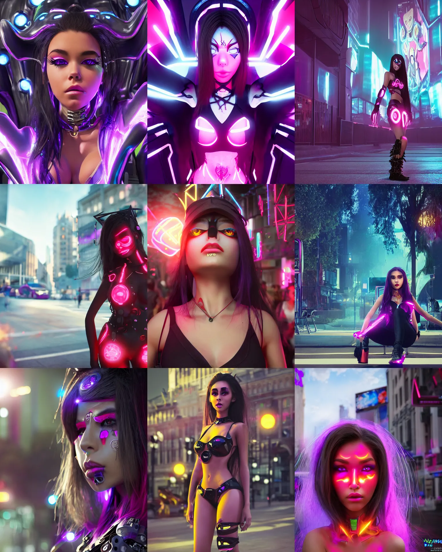 Prompt: young woman madison beer as an edc rave devil girl cyborg waiting at a bus stop in downtown london, octane render, anime, trending on artstation, unreal engine, volumetric lighting, concept art, sci - fi, photoreal, sweating, pouty face, looking at camera, symmetrical, pixar,