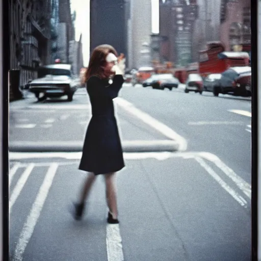 Prompt: analog dawn street photography portrait in new york, 1 9 6 0 s, photographed on expired film, medium format detailed film photograph