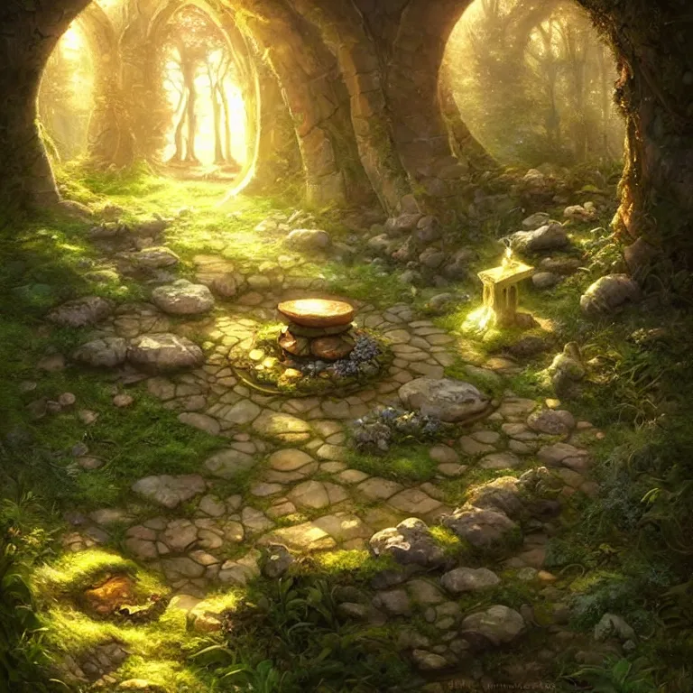 Image similar to Fantasy Magical fairy-tale stone portal in the forest. Round stone portal teleport in trees to other worlds. Fantastic landscape. Magic Altar in the fores, highly detailed, digital painting, artstation, concept art, smooth, sharp focus, illustration, art by artgerm and greg rutkowski and alphonse mucha