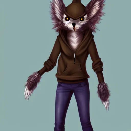 Prompt: humanoid furry! anthro avian!!! fursona, bird!!! female!!! digital art! trending on artstation! subject wearing hoodie and jeans!!