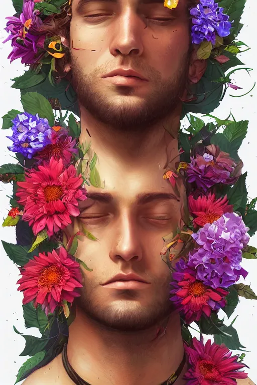 Image similar to a ultradetailed painting of a man with flowers in his hair, a vivid color hue character portrait by jeffrey smith, trending on cgsociety, fantasy art, made of flowers, ilya kuvshinov, deviantart hd