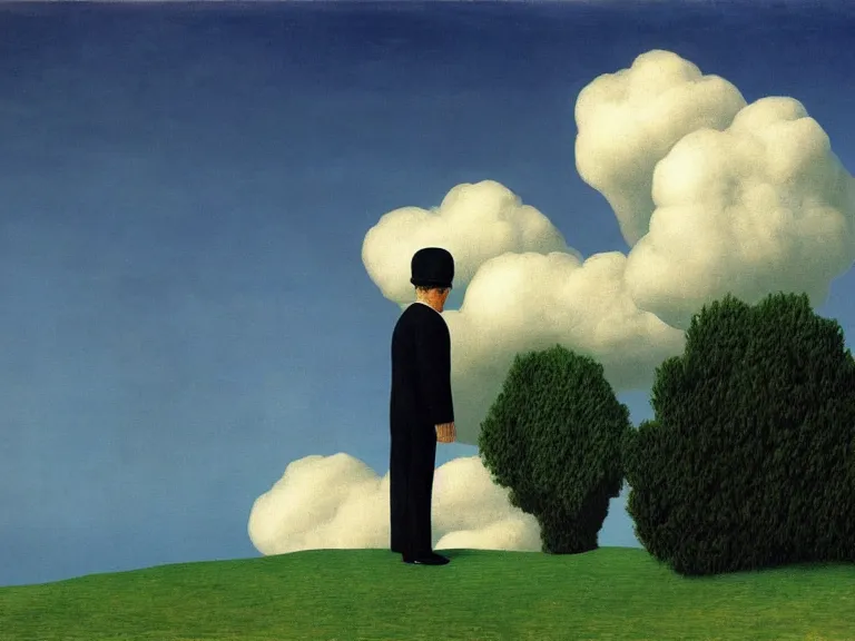 Image similar to man hidden behind cloud, painting by rene magritte, high detail, high resolution