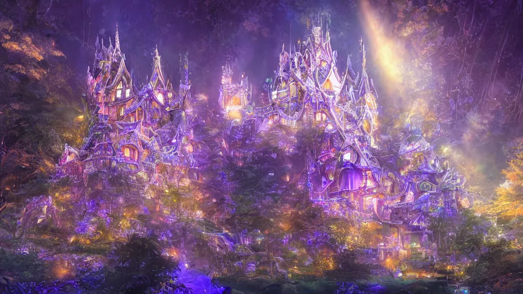 Image similar to a detailed magical crystal castle made of light inspired by yoshitaka amano enveloped in trails of colorful lights around it. clean painting, realistic and auora lighting. dark blue and intense purple color palette, art by kuvshinov ilya and gilbert williams, 8 k