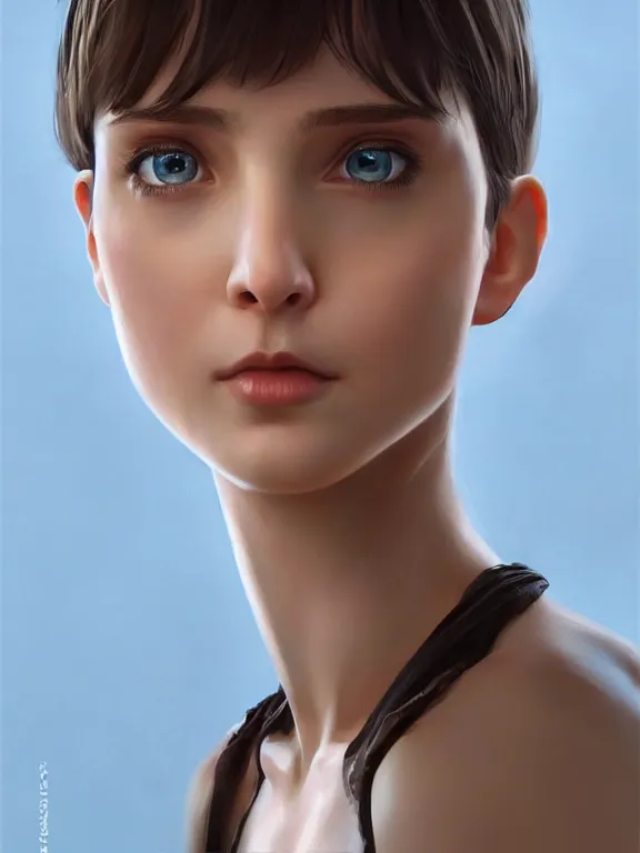 Prompt: beautiful ukrainian girl with brown eyes and dark short bob hairstyle and small nose, au naturel, blue eyes, hyper detailed, digital art, trending in artstation, cinematic lighting, studio quality, smooth render, unreal engine 5 rendered, octane rendered, concept art, smooth, sharp focus, illustration, art by artgerm and greg rutkowski and krenz cushart