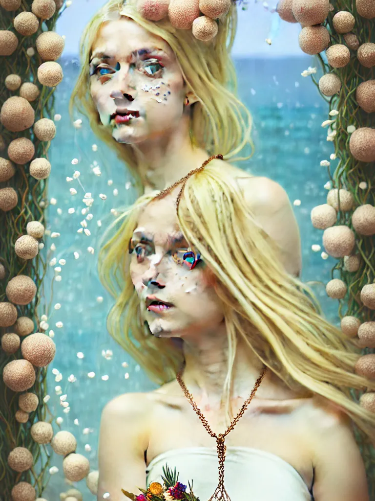 Image similar to a blonde girl in white dress in beautiful window, necklace with a fruit seed ornament, ocean eyes, light freckles, incense smoke and flowers in the background, portrait, mucha, conceptart, medium shot, unreal, octane, symmetrical, photorealism.