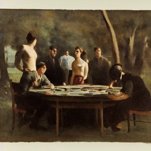 Prompt: by camille corot, by jakub rozalski, by bert hardy van dyke brown, prismatic unified, energetic. a beautiful body art of a group of people standing around a circular table. in the center of the table is a large, open book. the people in the body art are looking at the book with interest & appear to be discussing its contents.