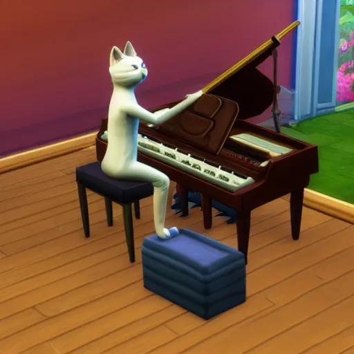 Prompt: cat playing piano, the sims 4