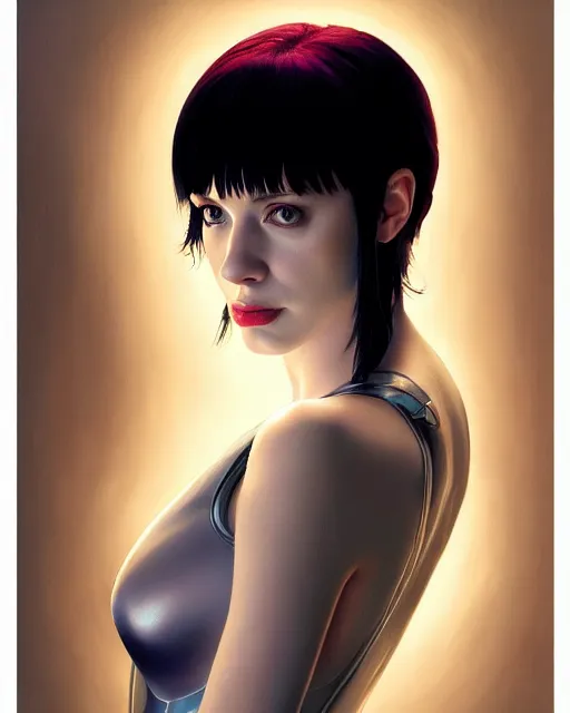 Image similar to sophisticated portrait of young Christina Hendricks starring in ghost in the shell, visible chest and face, fully-centered-photograph, 8k resolution, looking at the camera elegance, highly detailed, shallow depth of field, Artstation, Artgerm, Donato Giancola and Joseph Christian Leyendecker