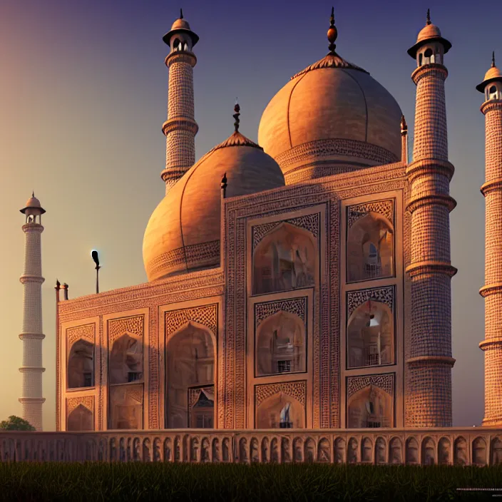 Image similar to taj mahal, naturel, glossy reflections, hyper detailed, digital art, trending in artstation, cinematic lighting, studio quality, smooth render, unreal engine 5 rendered, octane rendered, art style by klimt and nixeu and ian sprigger and wlop and krenz cushart.