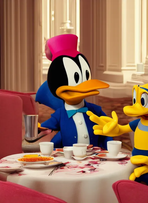 Image similar to jodie march and donald duck having tea at the ritz, octane render, cinematic, elegant, intricate, 8 k