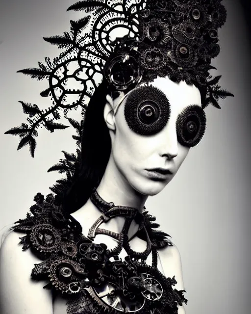 Prompt: surreal dark poetic black and white photo portrait of complex bio-mechanical beautiful young silver female vegetal-cyborg with a Mandelbrot fractal steampunk metal fine lace face, a very long neck and a fine metal floral foliage super big lace collar by Alexander McQueen:: smoke, high fashion, haute couture, rococo, steampunk, silver filigree details, anatomical, facial muscles, cable wires, microchip, elegant, dreamy, foggy atmosphere, hyper realistic, 150 mm lens, soft rim light, octane render, unreal engine, picture was taken in 1910 by Man Ray, volumetric lighting, dramatic light,8k,