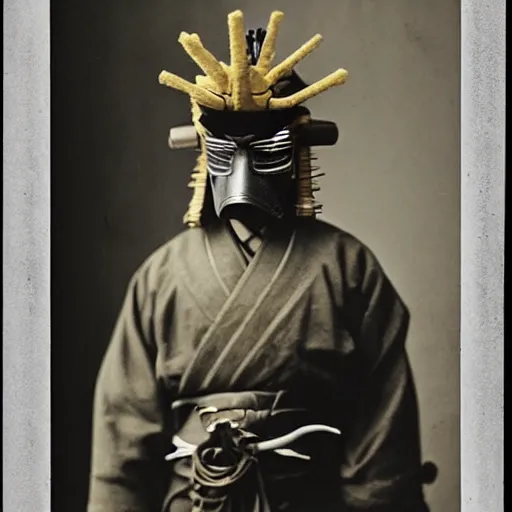 Prompt: samurai wearing a spongebob mask 1 8 0 0 s photograph