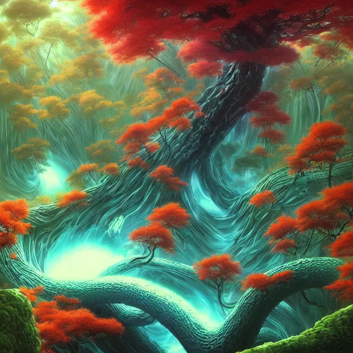 Image similar to Japan Lush Forest, official anime key media, Iwakura Lain, LSD Dream Emulator, paranoiascape ps1, official anime key media, painting by Vladimir Volegov, beksinski and dan mumford, giygas, technological rings, johfra bosschart, Leviathan awakening from Japan in a Radially Symmetric Alien Megastructure turbulent bismuth glitchart, Atmospheric Cinematic Environmental & Architectural Design Concept Art by Tom Bagshaw Jana Schirmer Jared Exposure to Cyannic Energy, Darksouls Concept art by Finnian Macmanus