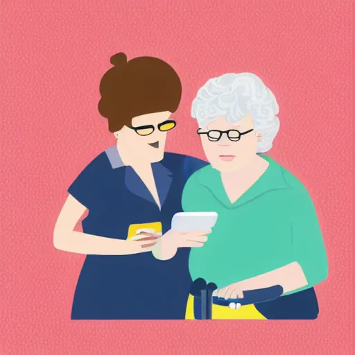 Image similar to a flat design illustration of a grandma with a dog. the grandma using a smart phone.