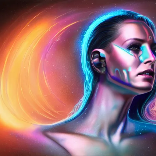 Image similar to celestial goddess facial portrait, legendary epic shot, 90s make-up, galaxy space hunter, cyber implants, wires, low angle, dawn, by artgerm, julie bell, beeple and Greg Rutkowski, airbrush, science fantasy, 90s, concept art, realistic matte painting, Smooth gradients, octane render, 8k, High contrast, duo tone, depth of field, volumetric lightning, very coherent, symmetrical, skin pore detail