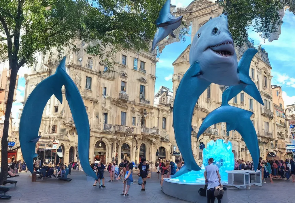 Image similar to 3 d 🦈 popping out of curved screen, town square