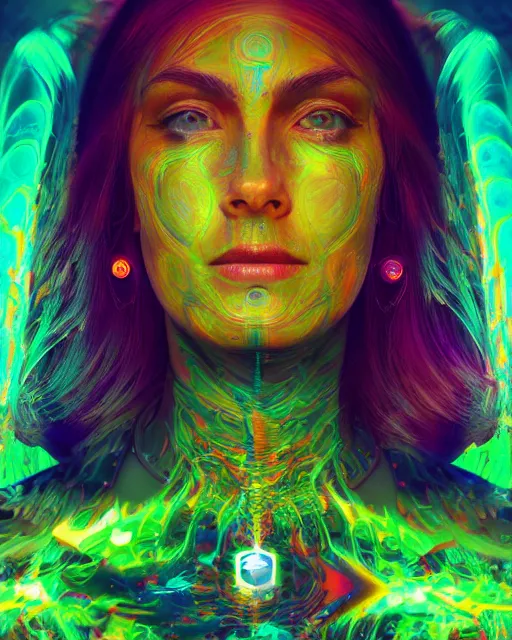 Image similar to a powerful energy psychedelic matrix priestess, by alexander fedosav, hyper detailed digital matte painting, concept art, hyperrealism, 1 6 k resolution, cinema 4 d, 8 k resolution, trending on artstation, behance hd, a masterpiece, by stephan martiniere, particles, cel - shaded, power bright neon energy, by david a. hardy,