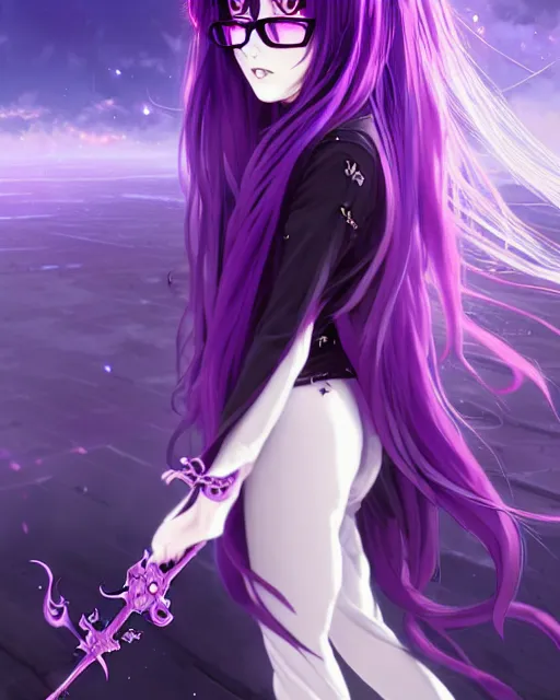 Prompt: attractive long purple haired with bangs gothic magical girl anime character with glasses screenshot, anime, intricate, sharp focus, illustration, highly detailed, digital painting, cell shaded, concept art, matte, art by ilya kuvshinov and kyoto animation and wlop, anime character by ruan jia and greg rutkowski, studio quality, masterpiece