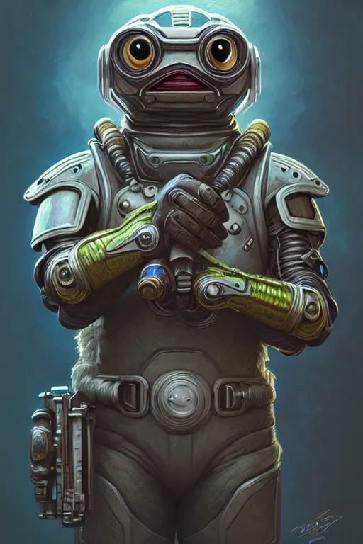 Image similar to Portrait of pepe with a spoon wearing futuristic power armor, fantasy, intricate, highly detailed, digital painting, trending on artstation, sharp focus, illustration, style of Stanley Artgerm and Greg Rutkowski and Dan Mumford