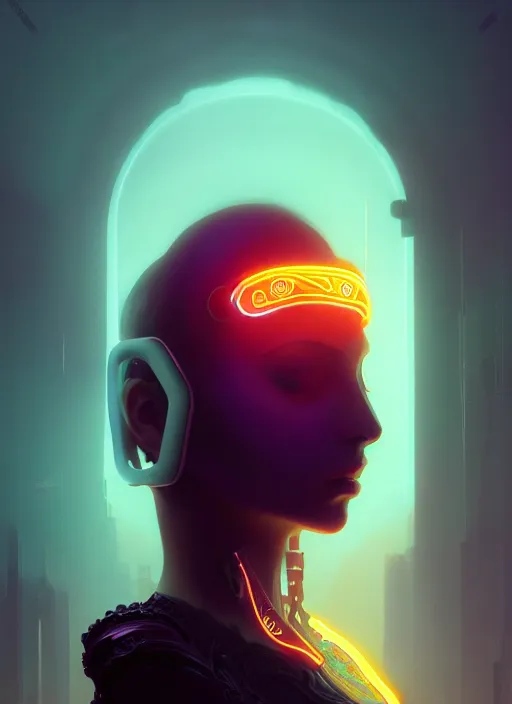 Image similar to centered portrait of a beautiful woman wearing a venetian mask, intricate concept art, ethereal, highly detailed, artstation, smooth, cyberpunk darksynth, cinematic, mist, dramatic lighting, illuminated glowing lines, outrun, neon, vaporware, by ruan jia and ilya kuvshinov and liam wong and alphonse mucha