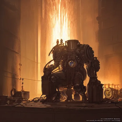 Image similar to portrait of adeptus mechanicus techpriest at a forge, by cedric peyravernay and feng zhu, highly detailed, excellent composition, cinematic concept art, dramatic lighting, trending on artstation