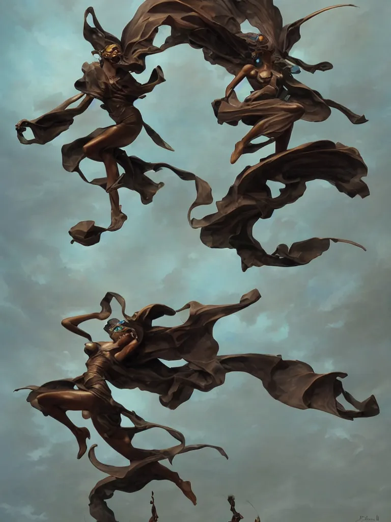 Image similar to a bronze statue of a dynamic flying character by peter mohrbacher