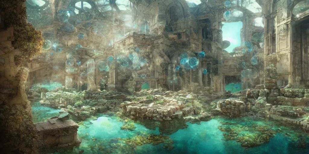 Image similar to hyper realist matte digital painting of an abandoned underwater city, ancient ruins, underwater photography, jugendstill, floating in water, bubbles rising, seaweed, fairytale, fantasy art, photo realistic, dynamic lighting, artstation, volumetric lighting, by mucha, by alma tadema