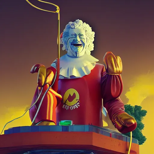 Image similar to ronald mcdonald statue in the world by beeple, darek zabrocki, tyler edlin, jordan grimmer, neil blevins, james paick, natasha tan, highly detailed, ultra detailed, ultra realistic, trending on artstation