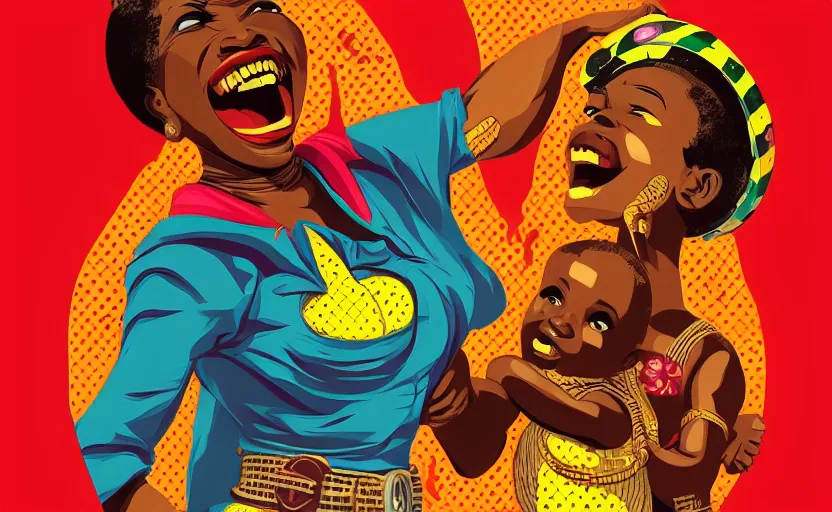 Image similar to mama africa laugh at her child!!! pop art, pixel, bioshock, gta chinatown, artgerm, richard hamilton, mimmo rottela, julian opie, aya takano, intricate, sharp focus, concept art, smooth