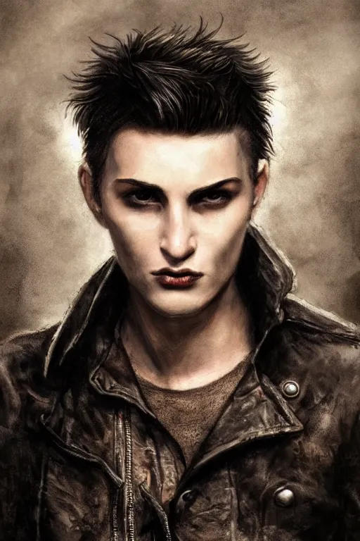 Image similar to a rough looking young man, very short brown hair, gothic, tattered leather coat, intricate, elegant, dramatic lighting, gorgeous face, highly detailed, lifelike, photorealistic, digital painting, artstation, illustration, concept art, smooth, sharp focus, art by John Collier and Albert Aublet and Krenz Cushart and Artem Demura and Alphonse Mucha