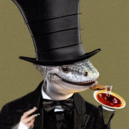 Prompt: Photograph of a gecko in a top hat smoking a cigar, holding a martini