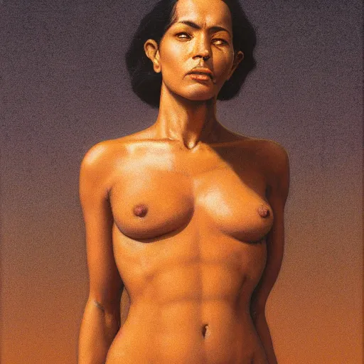 Prompt: cinematic portrait of a tan women, black hair, only head and chest, intricate, desaturated, Tim Hildebrandt, Wayne Barlowe, Bruce Pennington, donato giancola, larry elmore, maxfield parrish, Moebius, Thomas Ehretsmann, oil on canvas, gouache painting, masterpiece, trending on artstation, cinematic composition, dramatic pose, volumetric lighting, sharp, details, hyper-detailed, HD, 4K, 8K